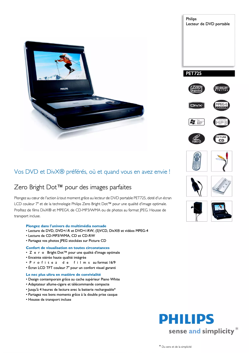 Page 1 de la notice Fiche technique Philips PET725