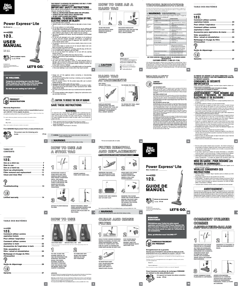 Page 1 de la notice Manuel utilisateur Dirt Devil Power Stick Lite