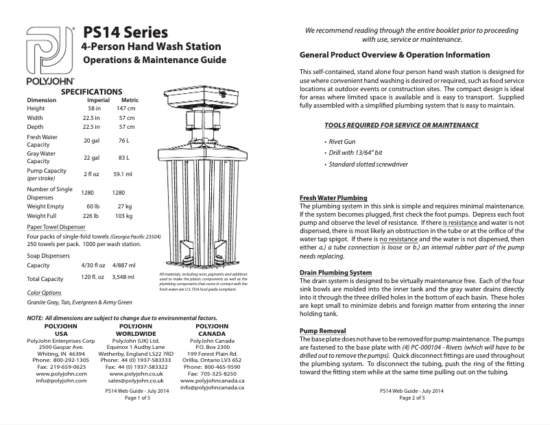 Page n°1 - Manuel utilisateur PolyJohn PS14-1000