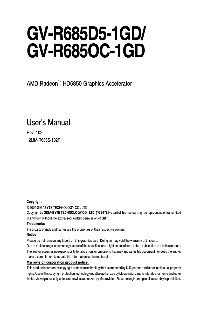 Page 1 de la notice Manuel utilisateur Gigabyte Radeon HD6850