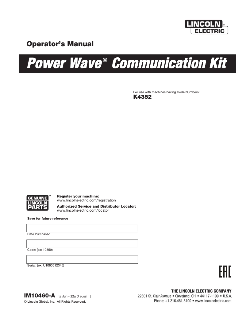 Page n°1 - Manuel utilisateur Lincoln Electric Power Wave Communication Kit
