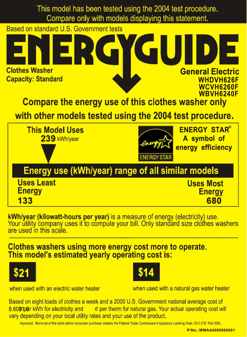 Page 1 of the manual Energy Label GE WBVH6240FWW