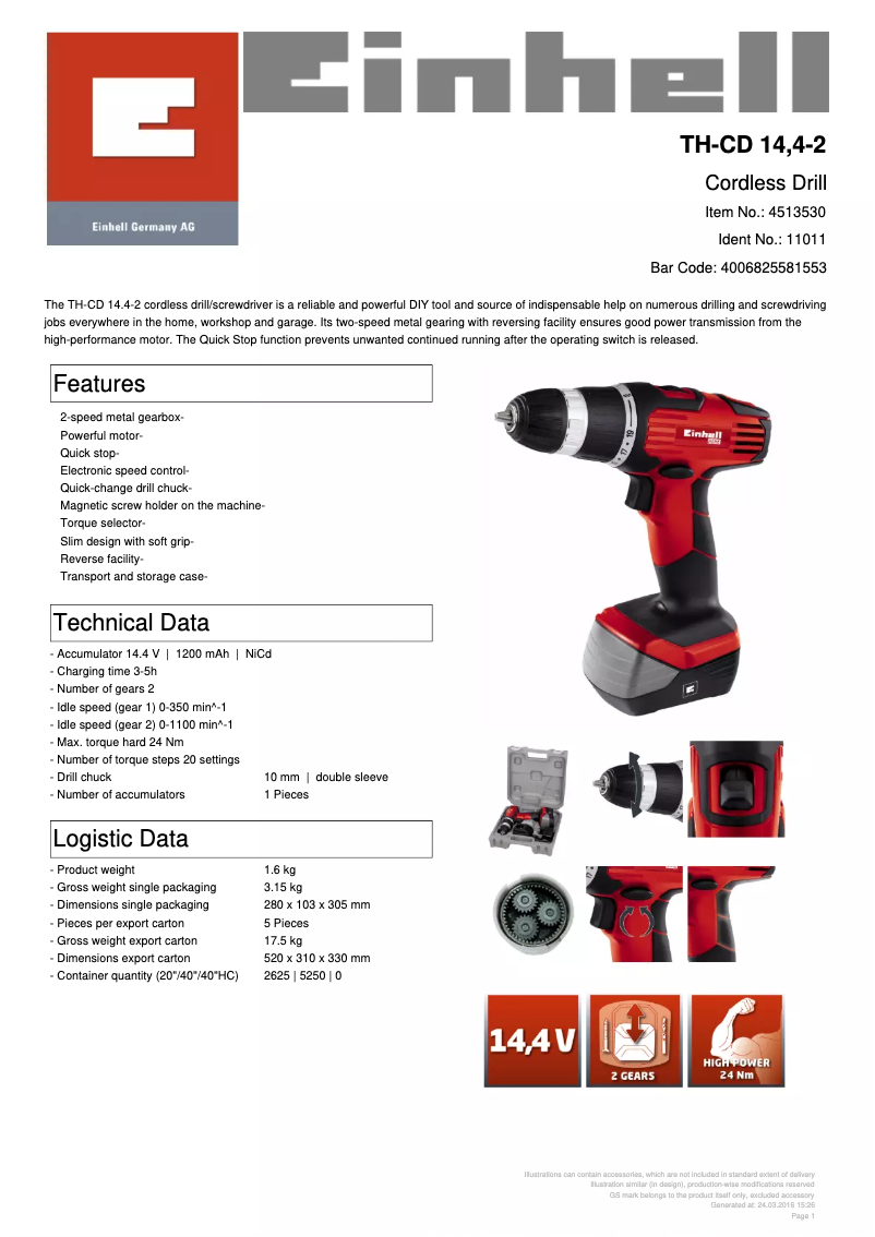 Page 1 de la notice Fiche technique Einhell TH-CD 14,4-2