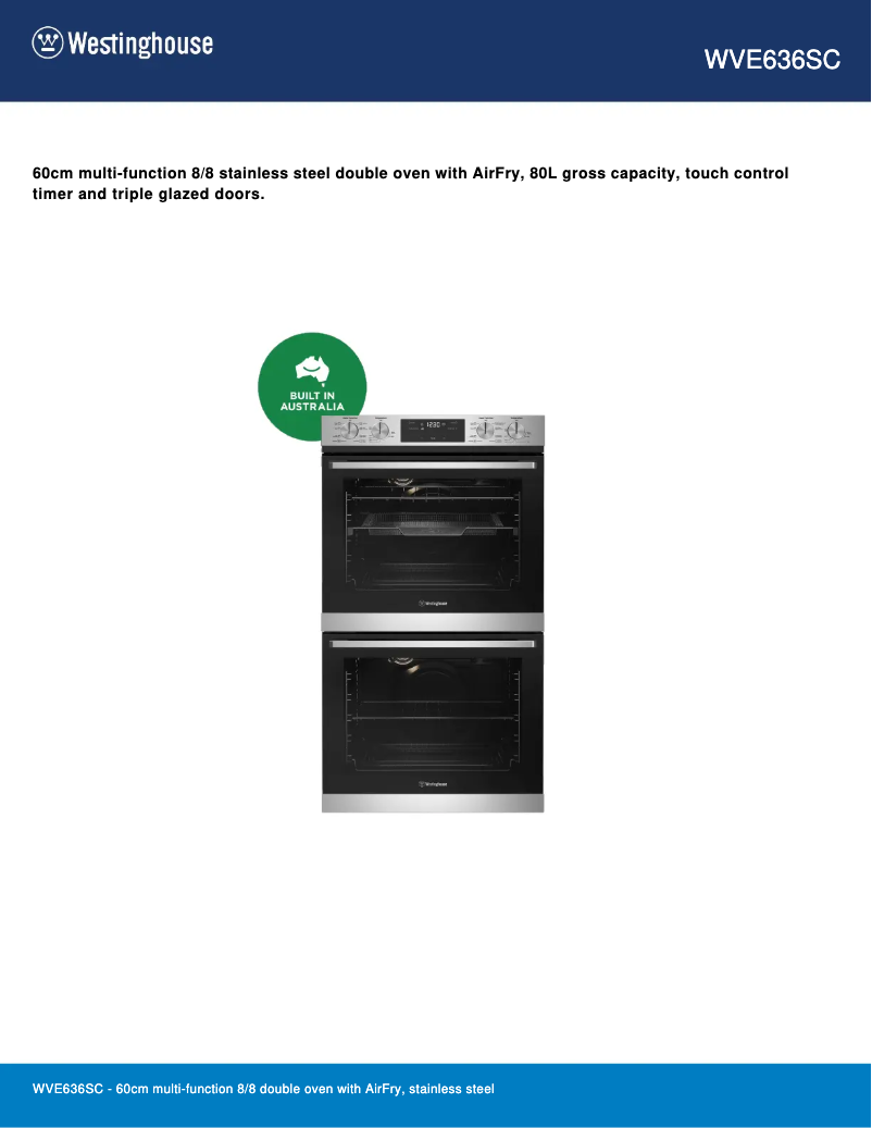 Page 1 de la notice Fiche technique Westinghouse WVE636SC