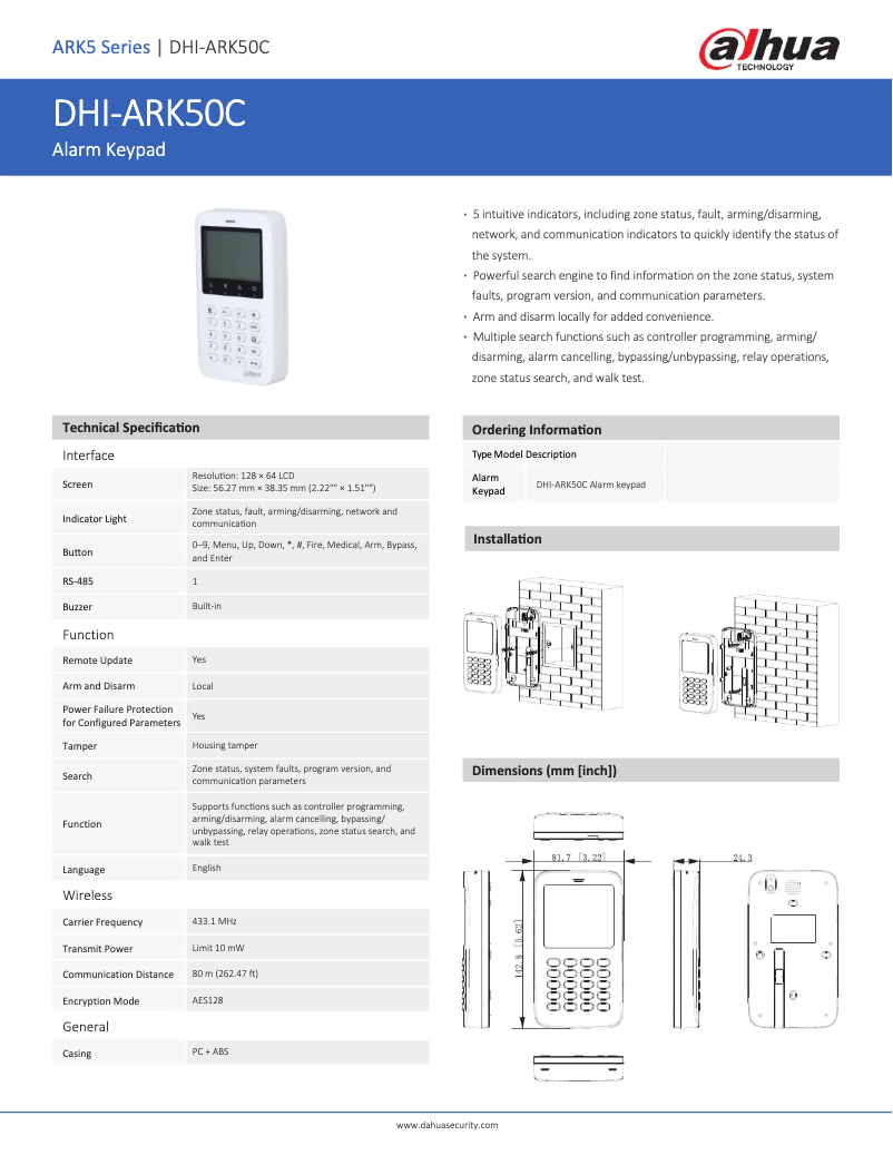 Page n°1 - Fiche technique Dahua Technology ARK50C