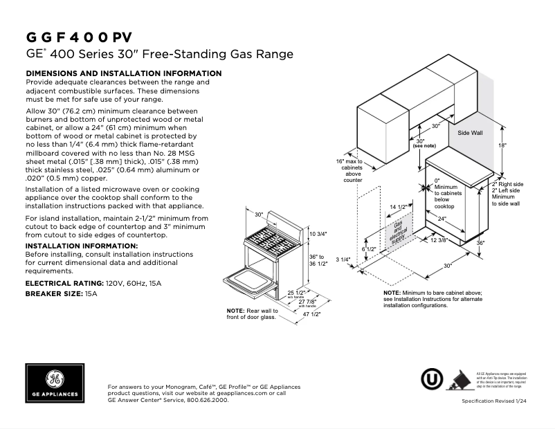Page 1 of the manual Technical Sheet GE GGF400PVWW