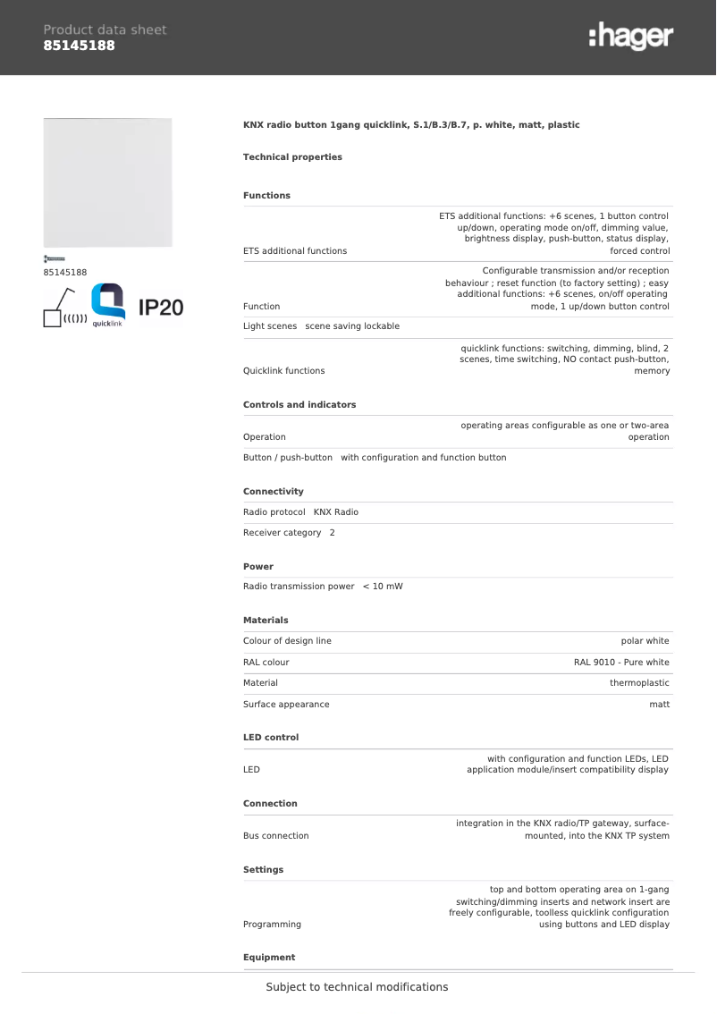 Page n°1 - Fiche technique Hager 85145188