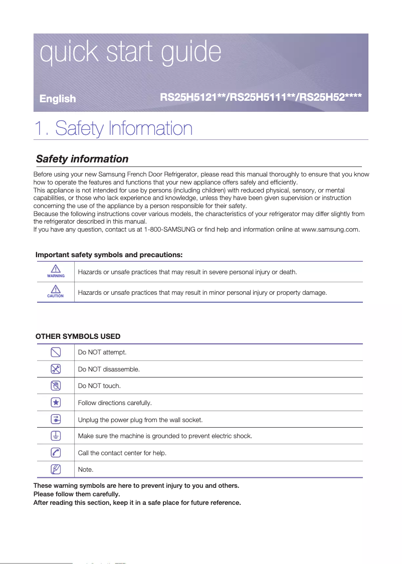 Page 1 de la notice Guide d'installation Samsung RS25H5121SR