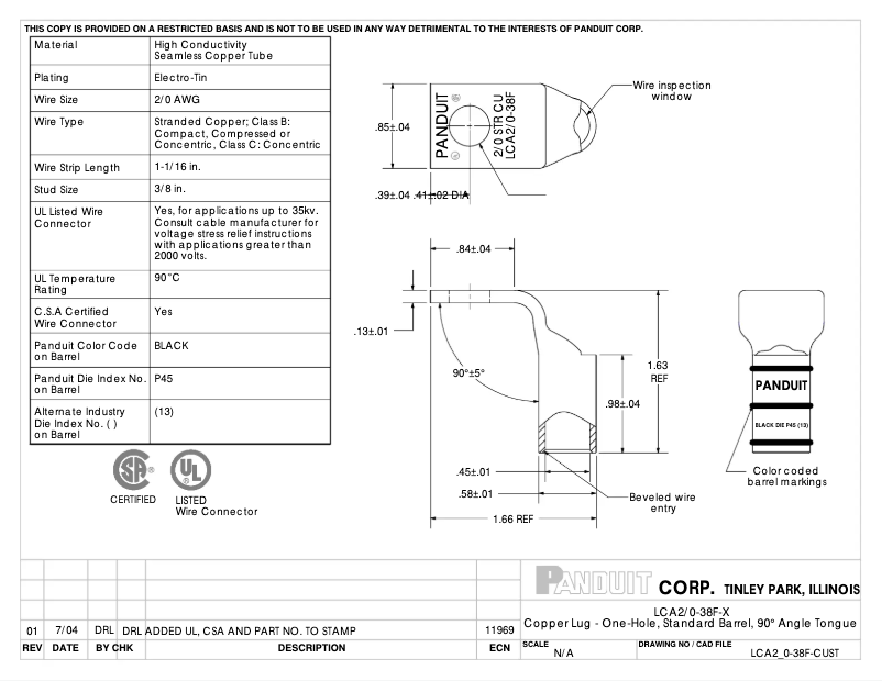 Página 1 del manual Dibujo técnico Panduit LCA2/0-38F-X