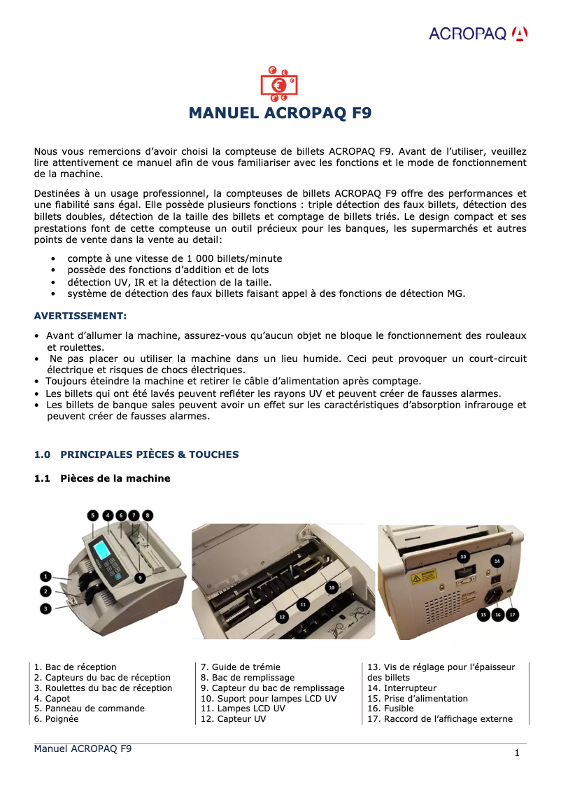 Page n°1 - Manuel utilisateur Acropaq F9