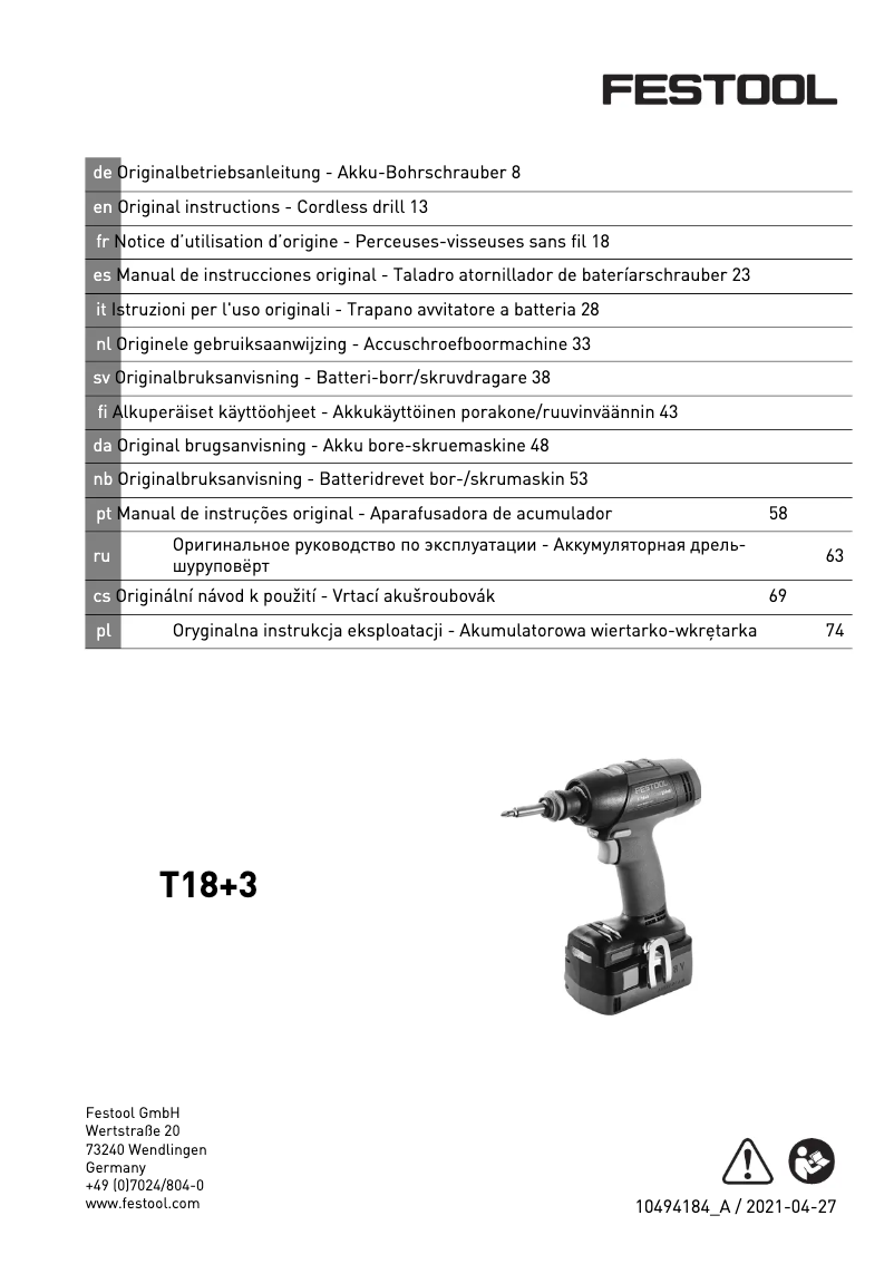 Page n°1 - Manuel utilisateur Festool T 18+3