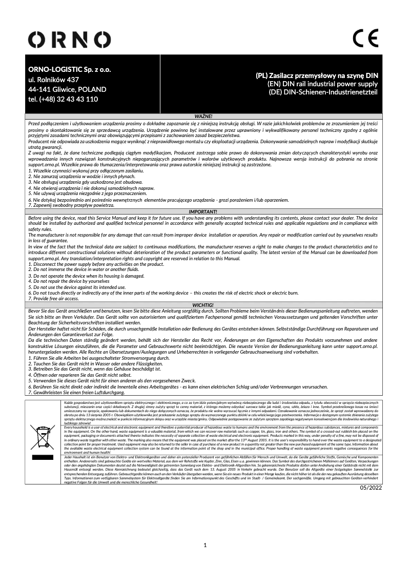 Page n°1 - Manuel utilisateur ORNO OR-PSU-1663