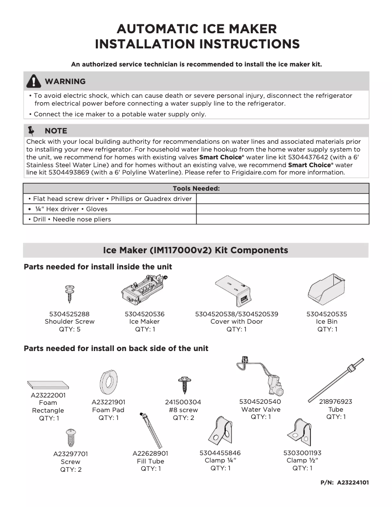 Page n°1 - Guide d'installation Frigidaire FFHT1822UW