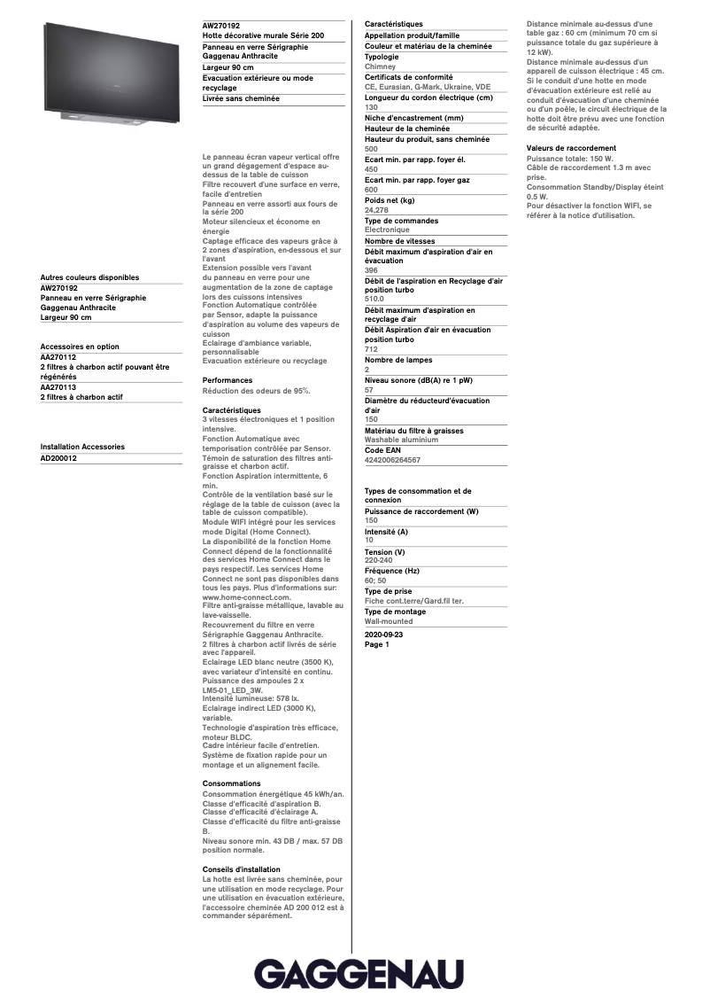Page 1 de la notice Fiche technique Gaggenau AW270192