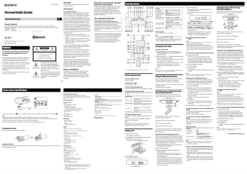 Página 1 del manual Manual de usuario Sony ZS-BT1