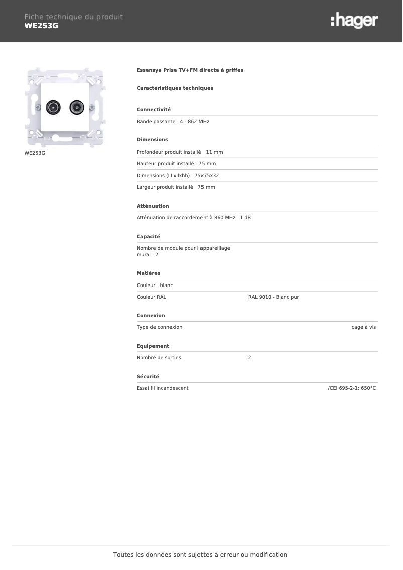 Página 1 del manual Ficha técnica Hager WE253G