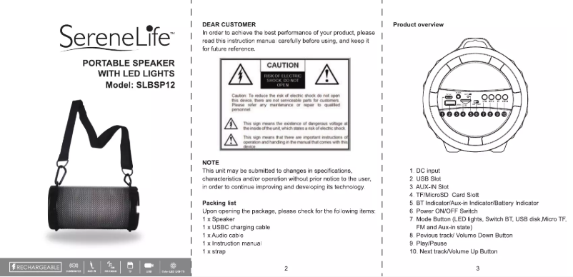 Page 1 de la notice Manuel utilisateur SereneLife SLBSP12
