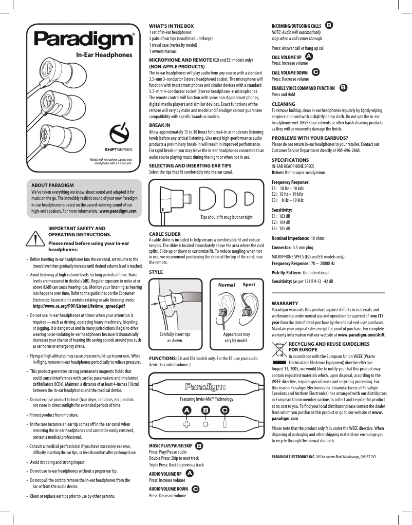 Image de la première page du manuel de l'appareil Shift e1