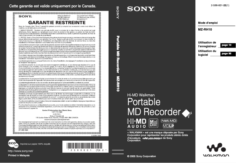 Page 1 de la notice Manuel utilisateur Sony MZ-RH10