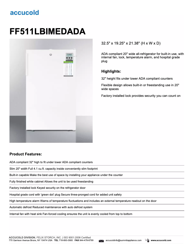 Page 1 de la notice Fiche technique Summit Accucold FF511LBIMEDADA
