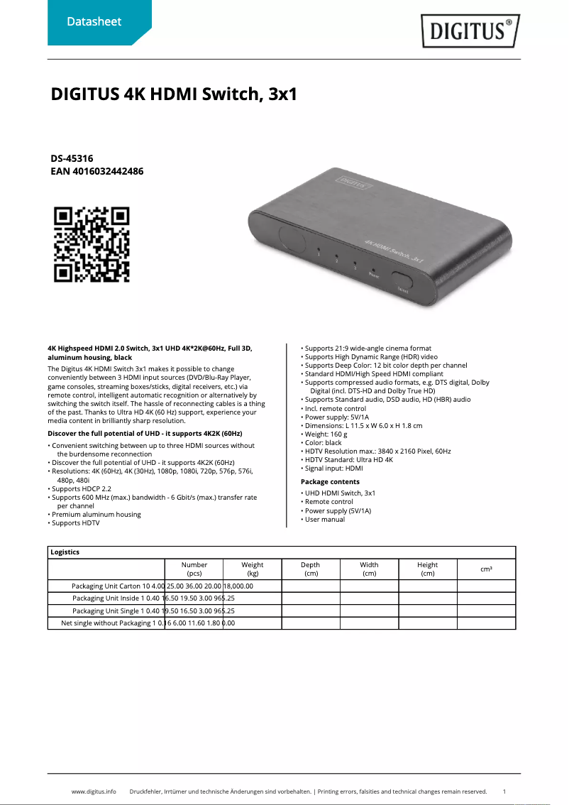 Page 1 de la notice Fiche technique Digitus DS-45316