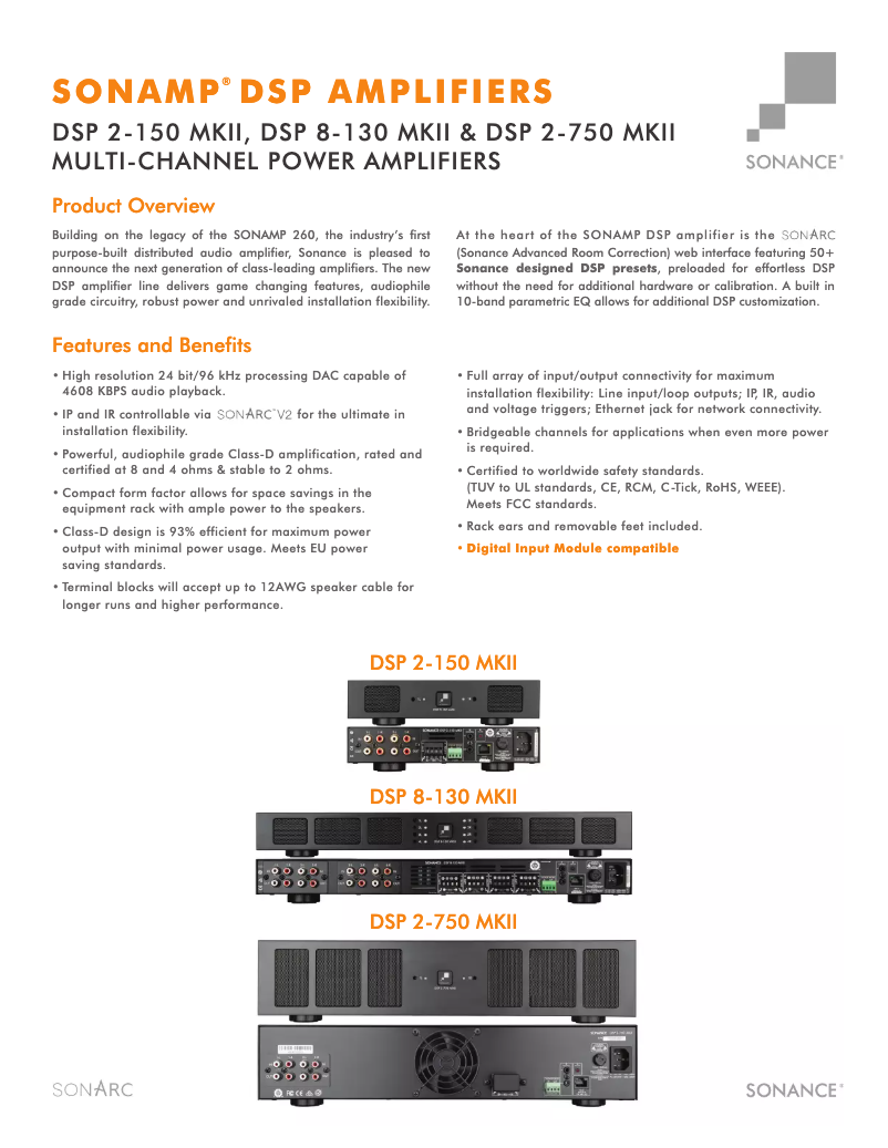 Page 1 de la notice Fiche technique Sonance Sonamp DSP 2-150 MKII