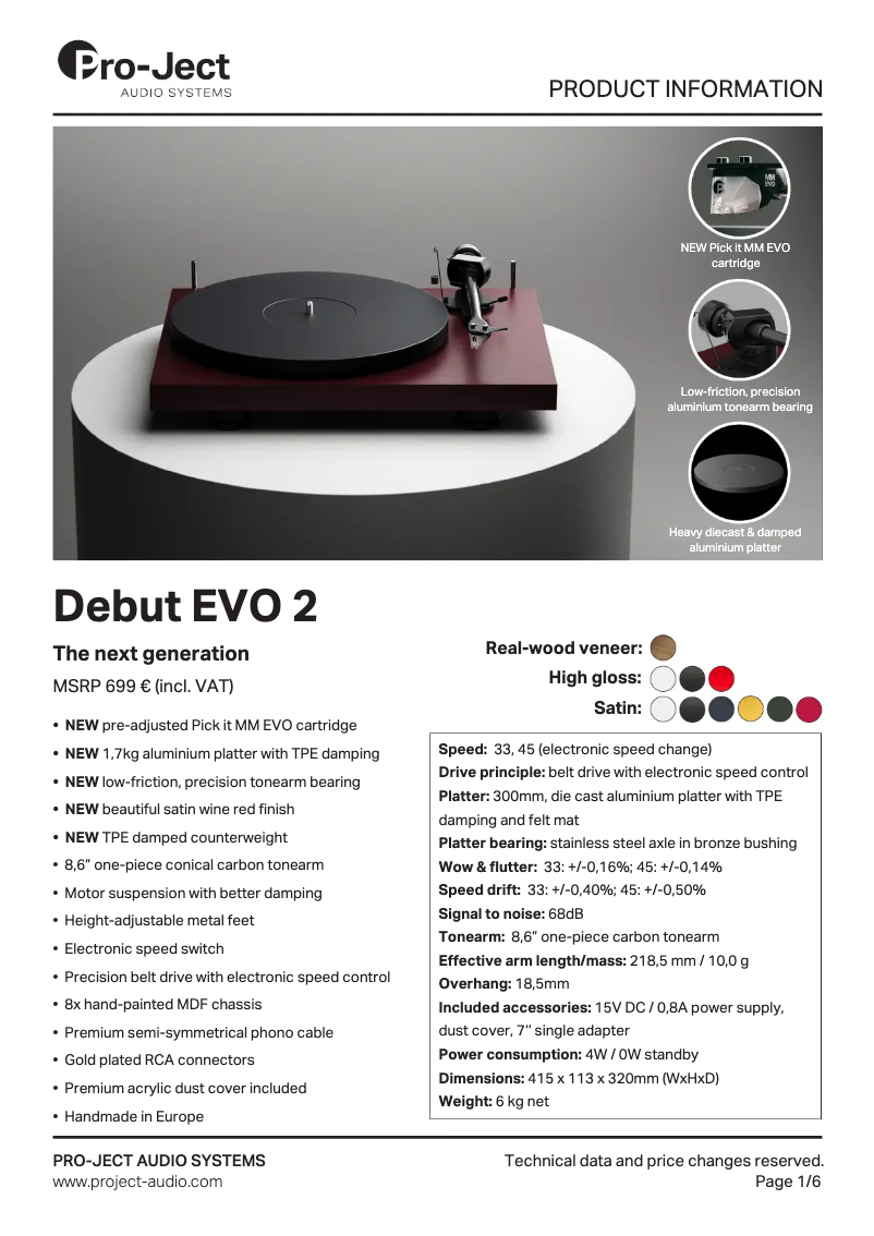 Page n°1 - Fiche technique Pro-Ject Debut EVO 2