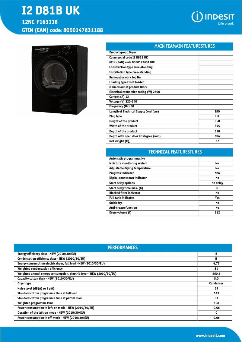 Page n°1 - Fiche technique Indesit I2 D81B UK