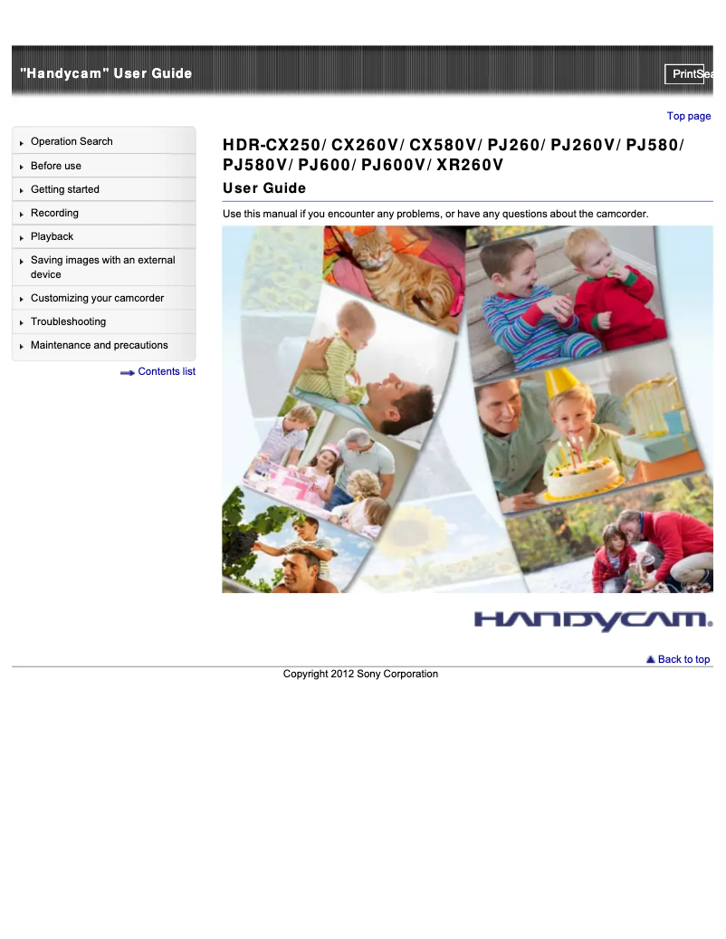 Page 1 de la notice Manuel utilisateur Sony HDR-PJ420