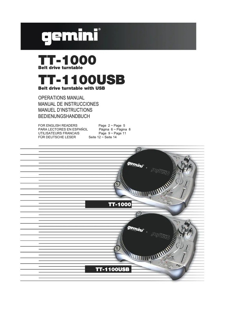 Page 1 de la notice Manuel utilisateur Gemini TT-1100USB