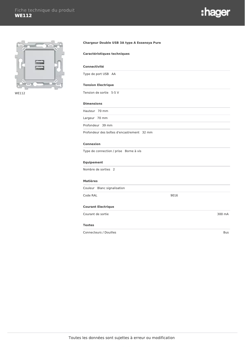 Page n°1 - Fiche technique Hager WE112