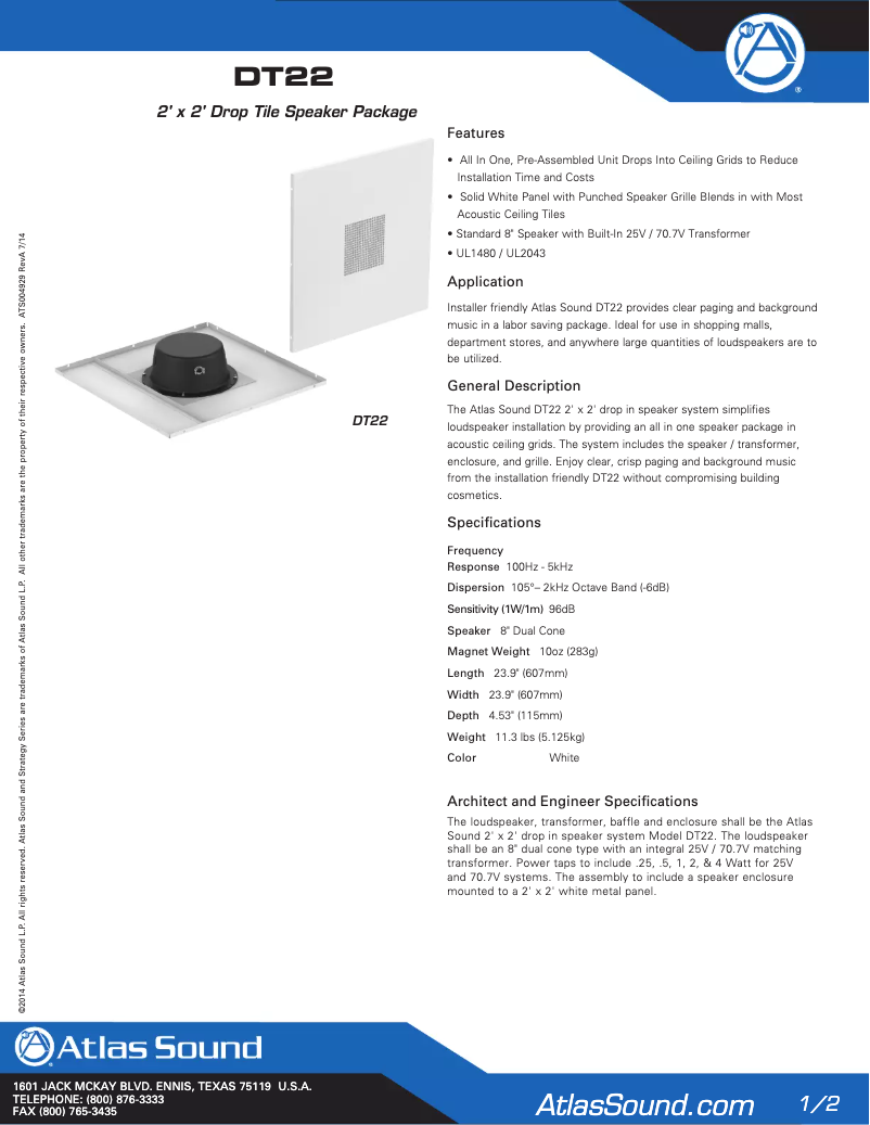 Página 1 del manual Folleto Atlas Sound DT22