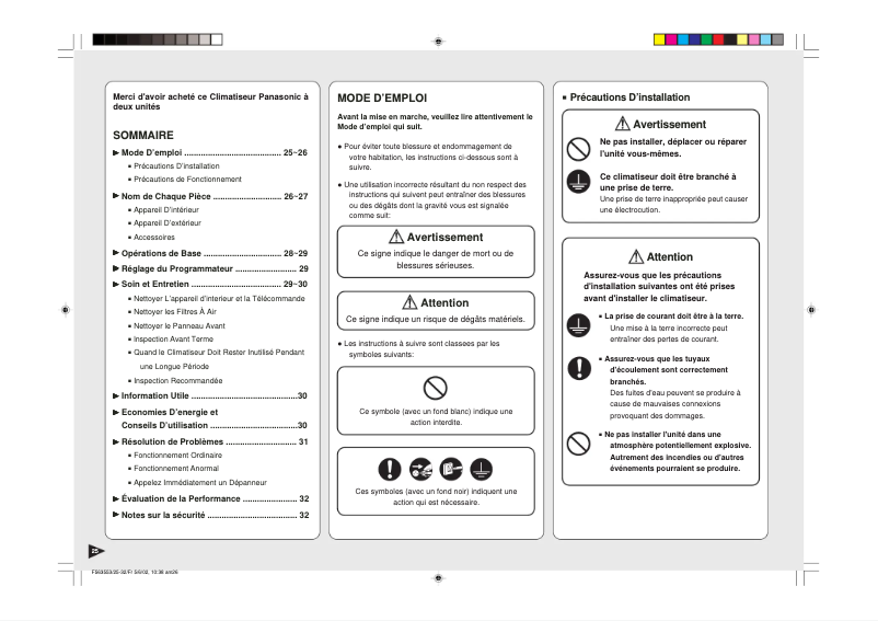 Page 1 de la notice Manuel utilisateur Panasonic CU-SA12CKP5