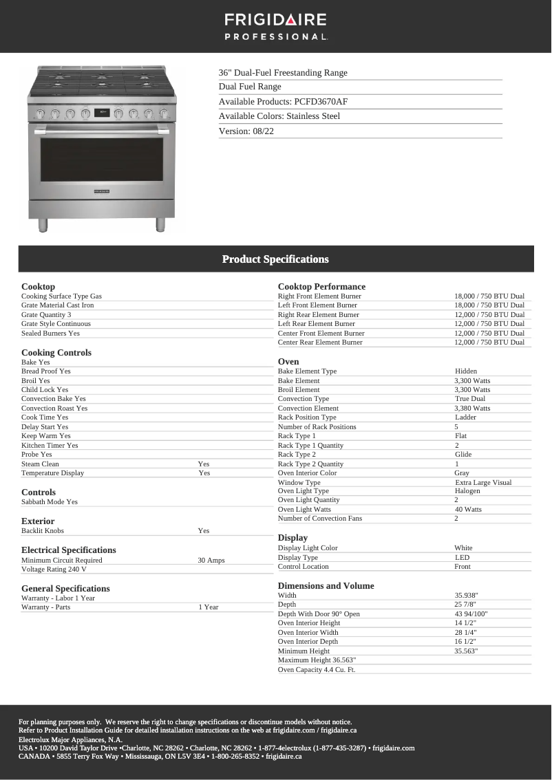 Page n°1 - Fiche technique Frigidaire PCFD3670AF