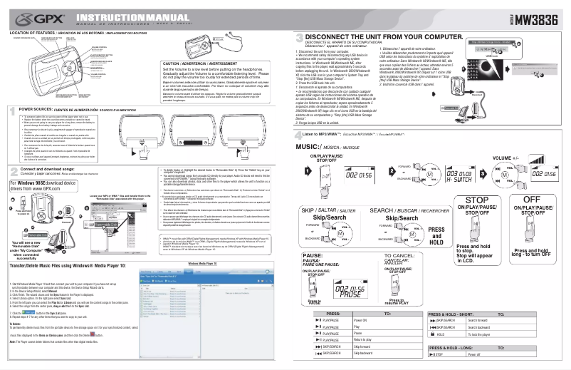 Page 1 de la notice Manuel utilisateur GPX MW3836