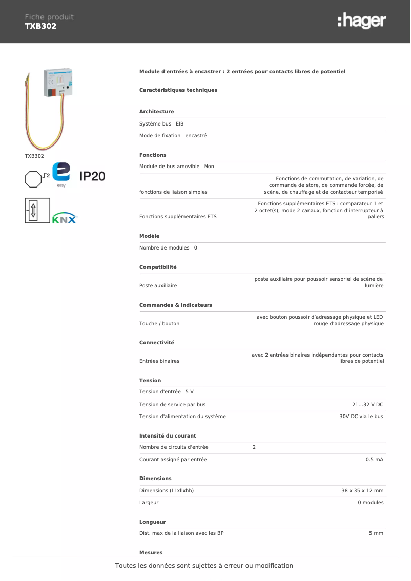 Page 1 de la notice Fiche technique Hager TXB302