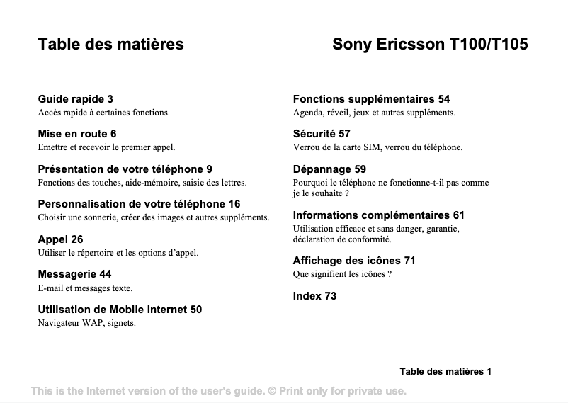 Page n°1 - Manuel utilisateur Sony Ericsson T105