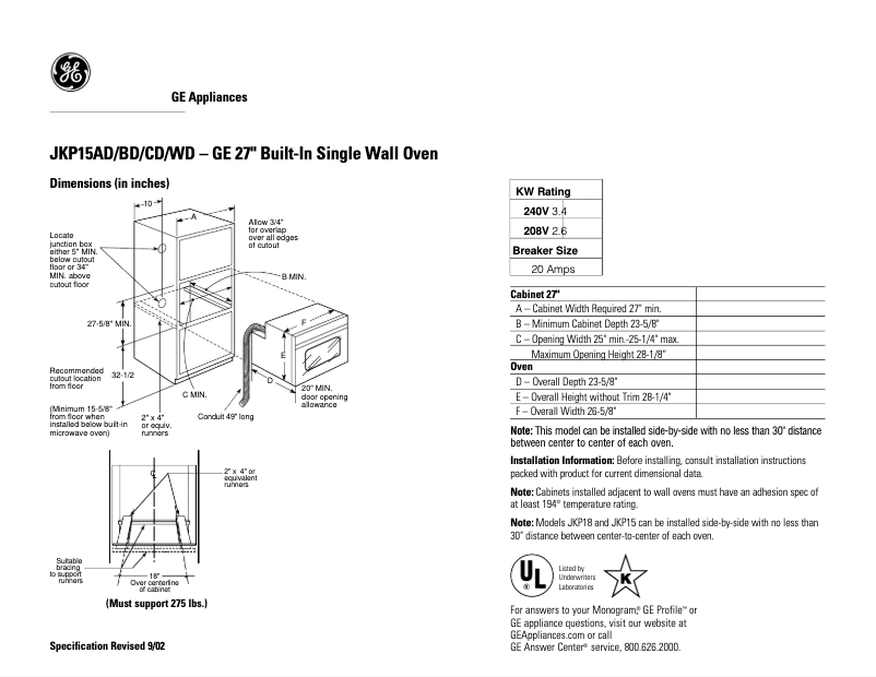 Page n°1 - Fiche technique GE JKP15CDCC