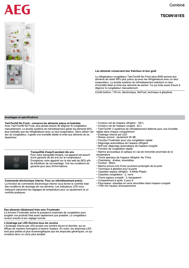 Page 1 de la notice Fiche technique AEG TSC6N181ES