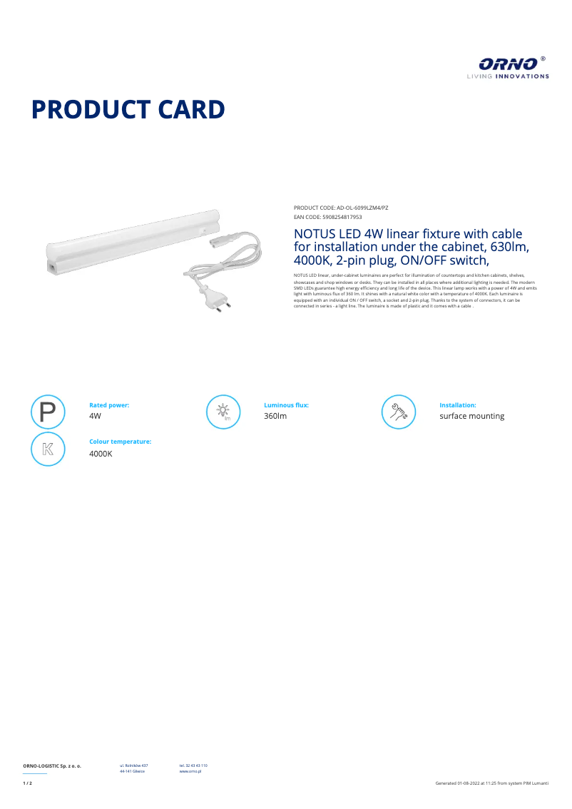 Page n°1 - Fiche technique Adviti AD-OL-6099LZM4/PZ
