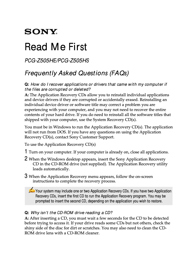 Page 1 de la notice Guide d'installation Sony Vaio PCG-Z505HS