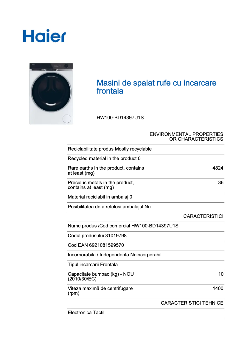 Page 1 de la notice Label énergétique Haier HW100-BD14397U1