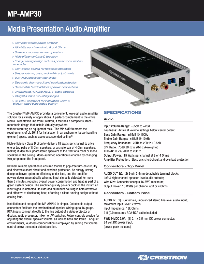 Page 1 de la notice Manuel utilisateur Crestron MP-AMP30