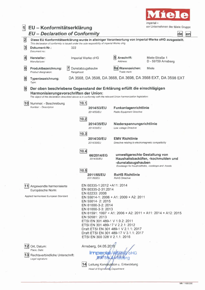Page 1 de la notice Mode d'emploi Miele DA 3568 EXTA