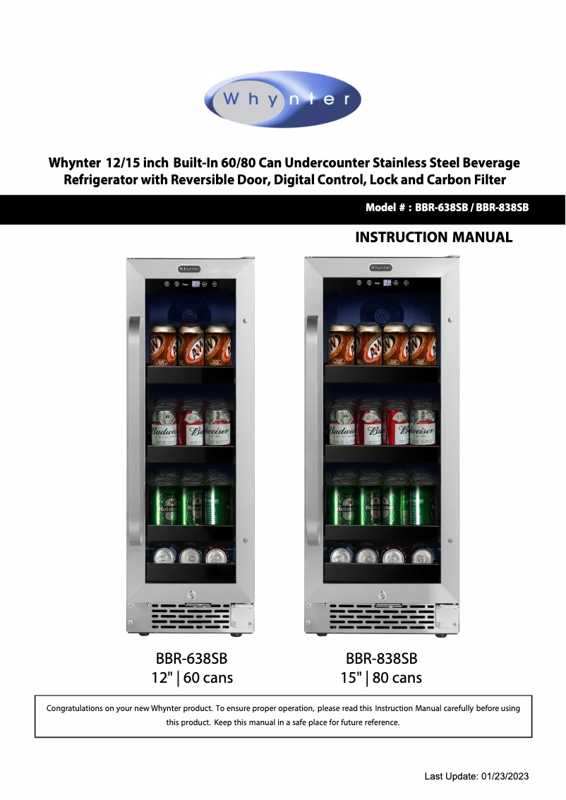 Page 1 de la notice Manuel utilisateur Whynter BBR-838SB