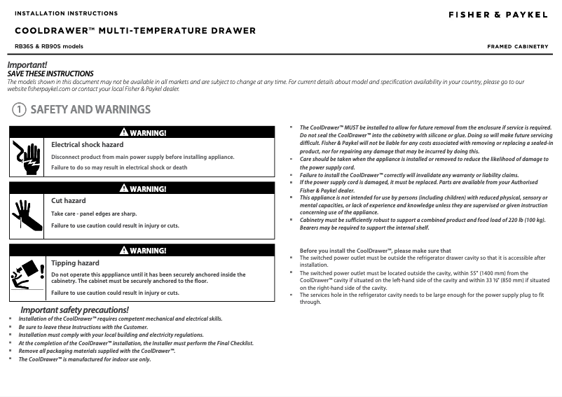 Page n°1 - Instructions / montage Fisher & Paykel RB36S25MKIWN1