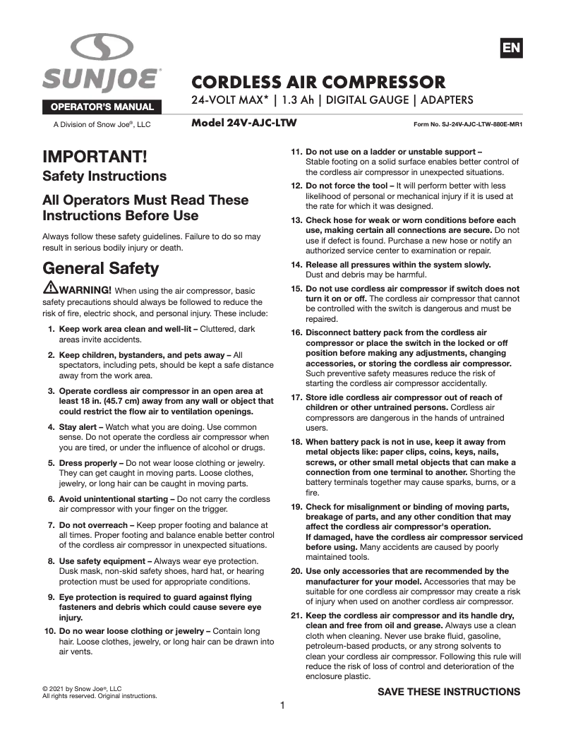 Page 1 de la notice Manuel utilisateur Auto Joe 24V-AJC-LTW