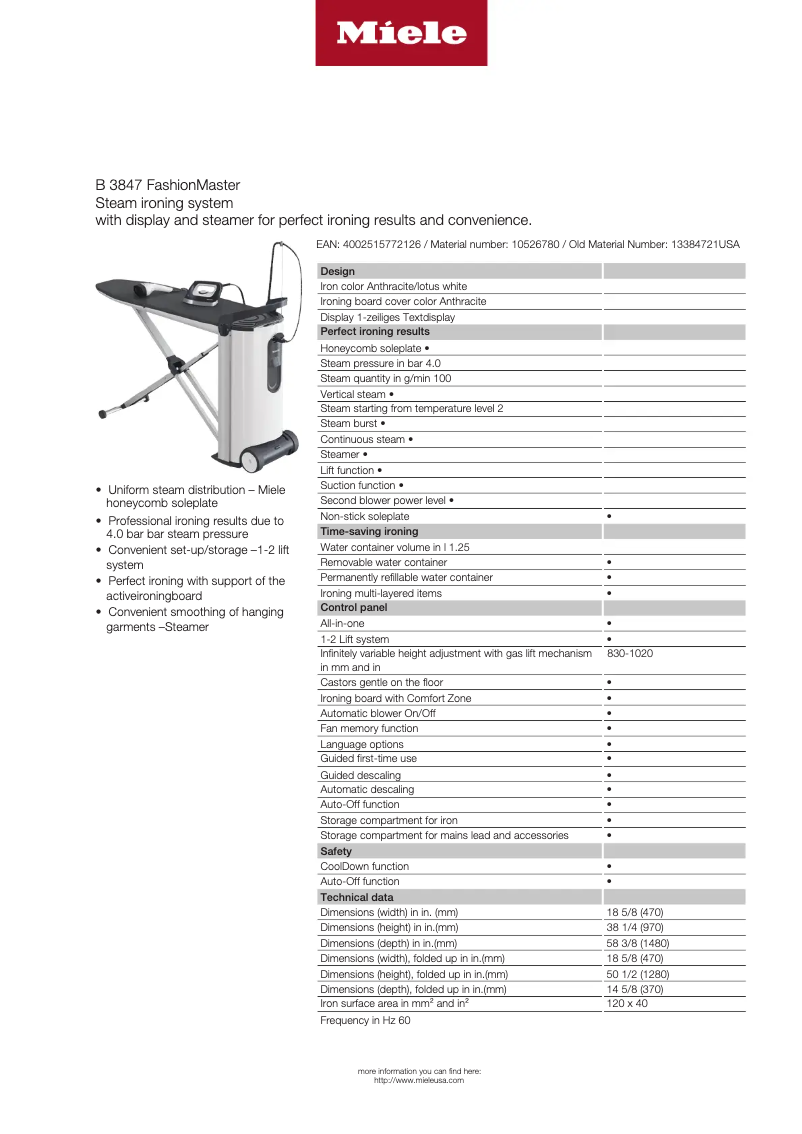 Page 1 de la notice Fiche technique Miele FashionMaster B 3847