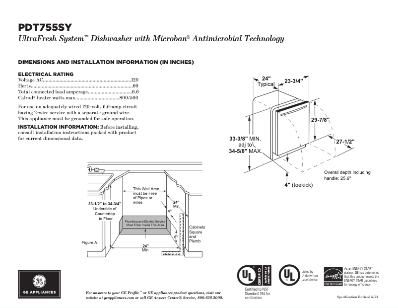 Page 1 de la notice Fiche technique GE Profile DT755SYRFS