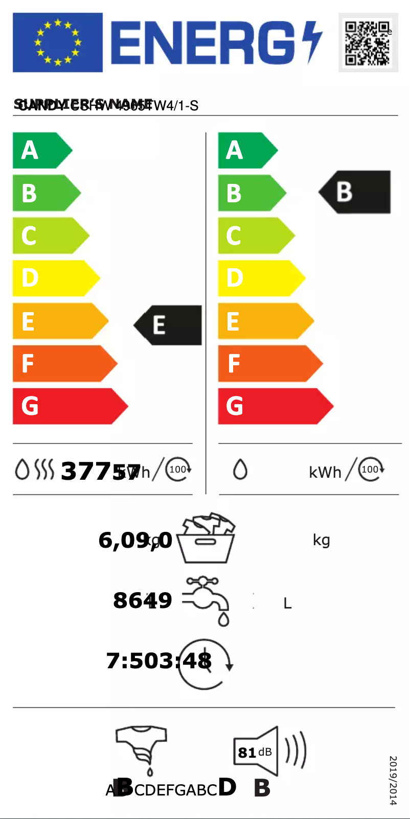 Page 1 de la notice Label énergétique Candy CSHW 4965TW4/1-S